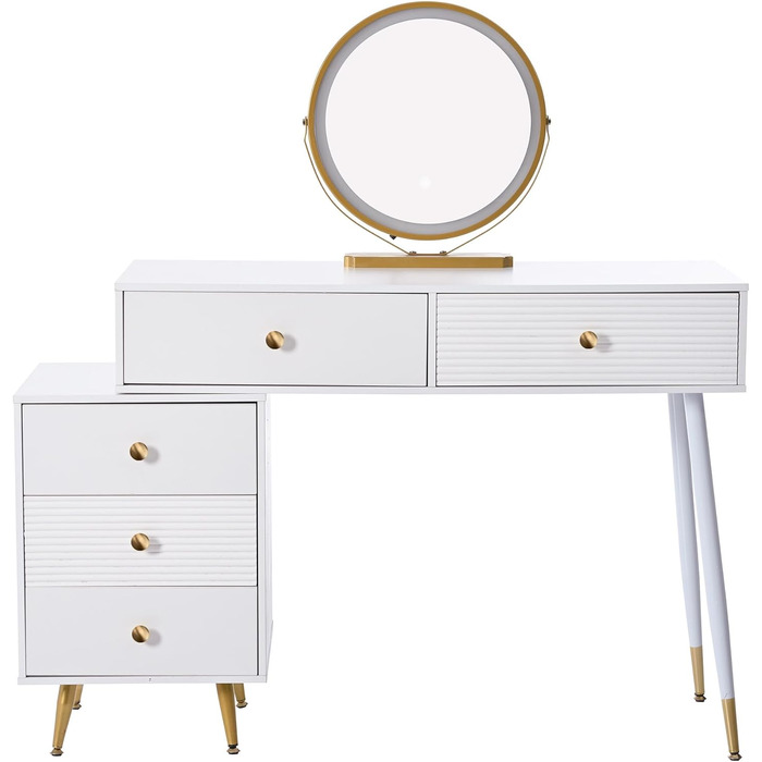 Туалетний столик Merax з дзеркалом та LED-підсвіткою, з бічною шафкою, 6 висувними ящиками та золотими ручками, білий, 102x100x41.5 см (без табурета)