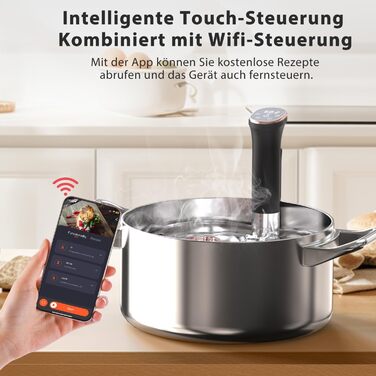 Cooksir Су-від Гастрономічний пристрій, 1400W, 35см, з нержавіючої сталі, Wi-Fi, сенсорне керування, LED, комплект вакуумних пакетів та насос, кулінарна книга