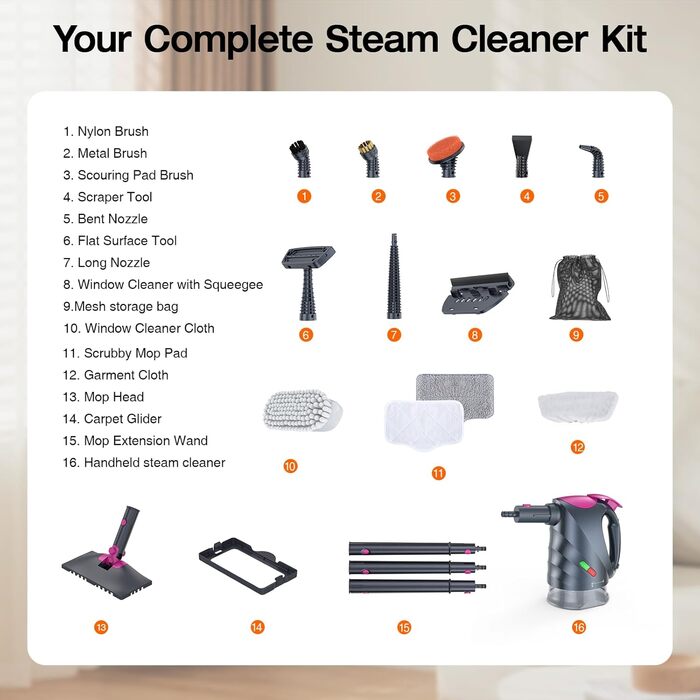 Пароочисник ScrubWiz 10-в-1: для кухні, підлоги, вікон, авто. Знімний ручний пароочисник, об'єм 320 мл, швидкий нагрів за 10 секунд, сріблясто-сірий колір