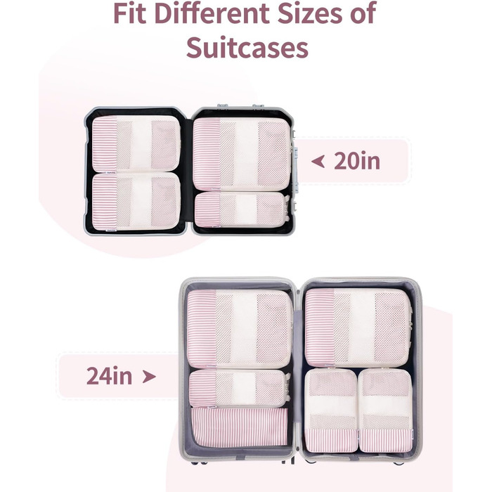 Набір органайзерів для валізи та рюкзака Narwey, 6 шт, компресійні пакувальні куби для подорожей (Рожеві смужки)