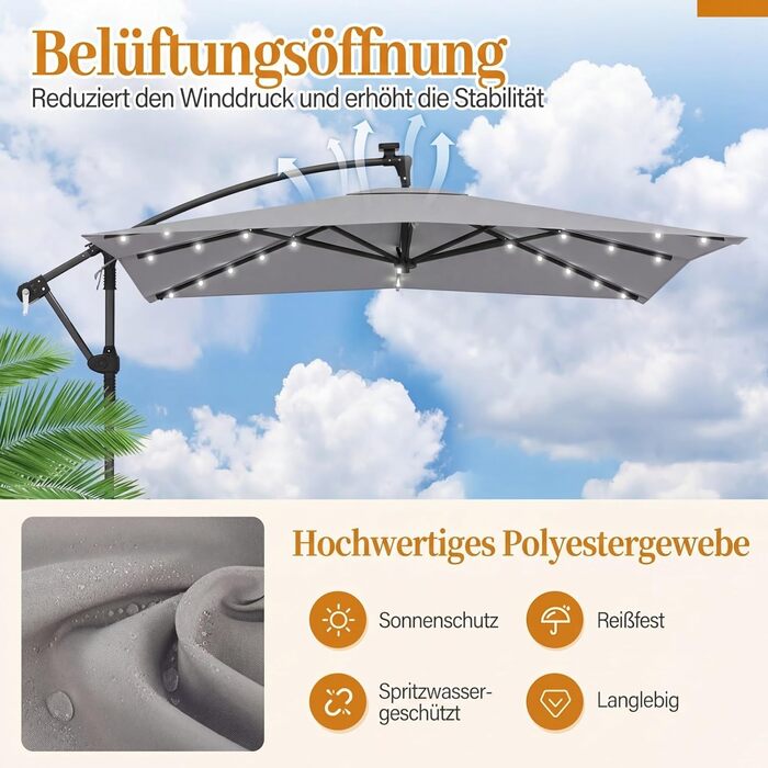 Садова парасоля від COSTWAY 250 см, квадратна з LED-підсвіткою, стійкою та ручним приводом, захист від UV, бежевий