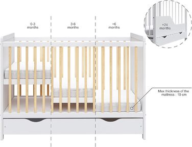 Дитяче ліжечко Love For Sleep з шухлядою та матрацом алое вера 120 x 60 см, бар'єр безпеки, шини для прикусу (білі/соснові)