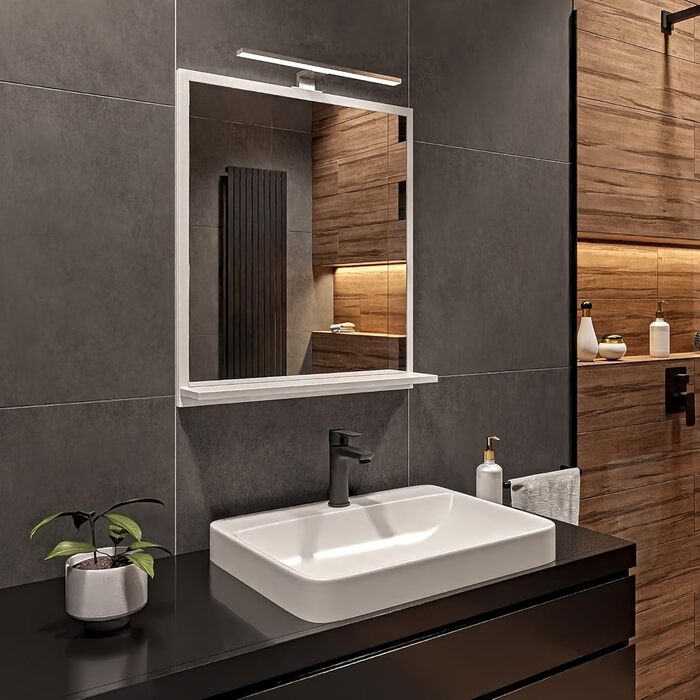 Дзеркало для ванної кімнати HAJDUK FURNITURE з підсвічуванням 4000K IP44, 70x60 см - Сучасне прямокутне дзеркало з полицею та LED-підсвічуванням - Преміум-якість