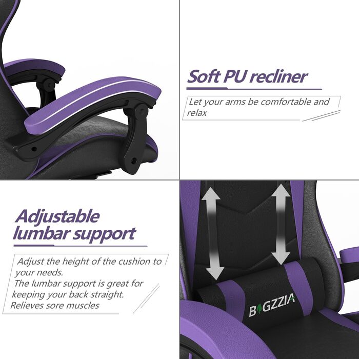 Ігровий крісло Bigzzia Ergonomічне, для підлітків та дорослих, з підголовником та підлокітниками (фіолетовий)