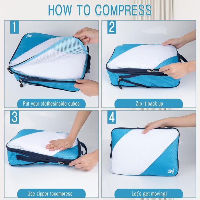 Набір компресійних органайзерів для одягу в подорожі AiQInu, 5 шт. (з мішком для прання та взуття), ультралегкі розширювані пакувальні куби для валізи та ручної поклажі, небесно-блакитний