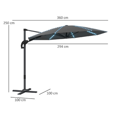 Outsunny Alu Centilever Parasol LED Solar Ø300 см регульована по висоті парасолька з кривошипною підставкою UV50+ Водовідштовхувальний ринок Обертовий ринок на 360° Нахилена садова парасолька Сонцезахисний захист для саду Балкон Темно-сірий