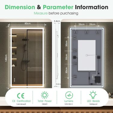 Дзеркало для ванної кімнати S'bagno Bluetooth з підсвічуванням 100x70 см, LED, протитуманне, регулювання кольору 3000K-6500K, диммування, пам'ять, HD-загартоване скло, IP44, горизонтальне/вертикальне