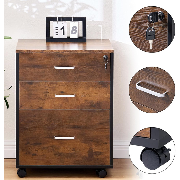 Шафа для документів на колесах SogesHome, мобільний контейнер для офісу, 3 висувні ящики, білий, з замком, для дому та офісу (Вінтаж)