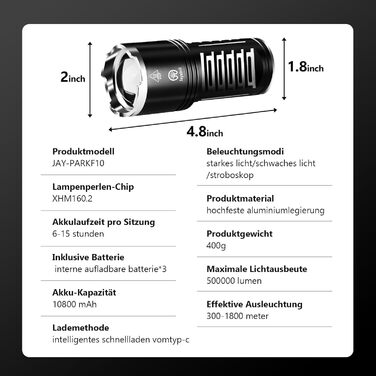 Потужний LED ліхтар JAY-PARK 500000 Люмен, акумулятор 10800 мАг, LCD-дисплей заряду, 5 режимів світла, зум, водонепроникний IPX7, чорний матовий — для кемпінгу та походів