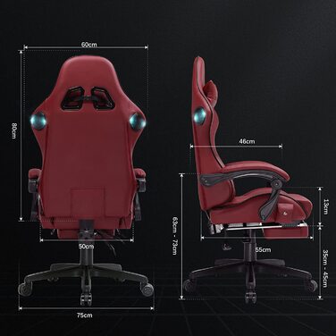 Ігрове крісло Gtplayer ергономічне ігрове крісло робоче крісло з тканинною поверхнею, пружинними подушками сидіння, що з'єднуються підлокітниками, підставкою для ніг (бордовий, Шкіряний)