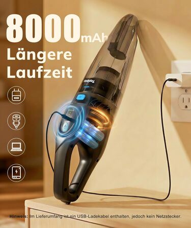 Акумуляторний ручний пилосос для авто та дому, потужність 25000Па, бездротовий з HEPA-фільтром та набором насадок, для шерсті тварин та килимів (Чорний)