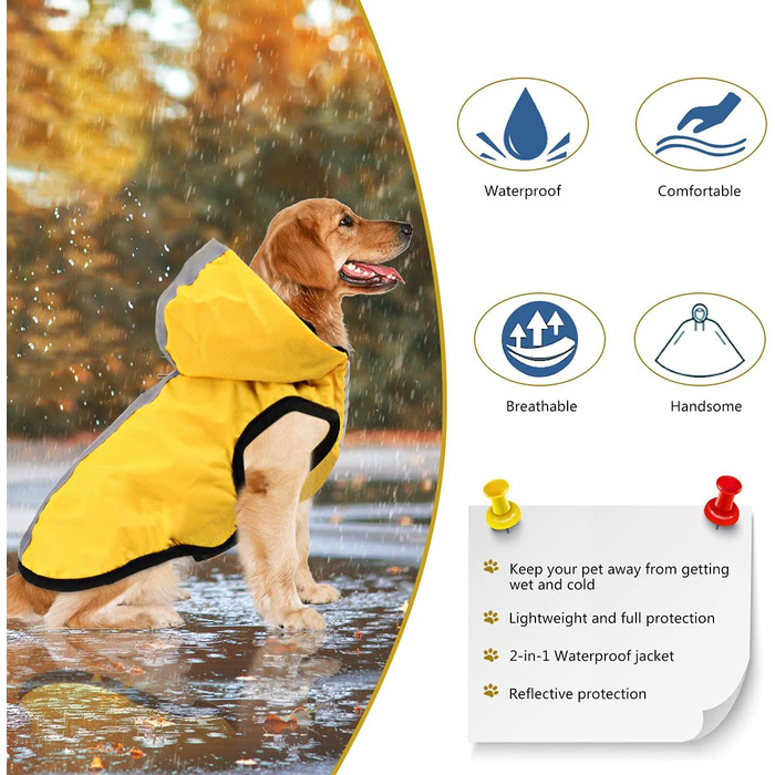 Водонепроникний дощовик Idepet 2-в - 1 для собак, легкий комбінезон для собак з капюшоном, дихаюче дощове пончо з капюшоном і світловідбиваюча смужка для маленьких, середніх і великих собак 2XL жовтого кольору