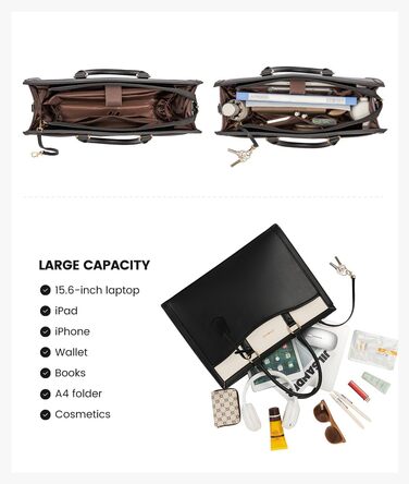 LOVEVOOK Сумка для ноутбука 15.6 дюймів, жіноча, велика, з натуральної шкіри, сумка-шоппер, сумка-тоут, для роботи, навчання, універсальна, чорно-бежева