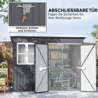 Outsunny Garden Shed 4,13 м³, Садовий сарай, 260 x 177 x 190 см, Садовий сарай з вікном, Двері, що замикаються, Гараж для велосипедів, Сталева садова шафа, для заднього двору, Сад, Темно-сірий | Аосом
