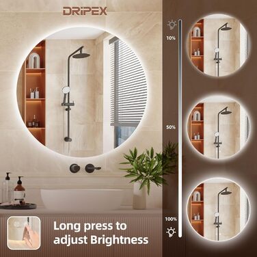 Дзеркало для ванної кімнати Dripex LED з підсвічуванням, кругле, сенсорне управління, регулювання яскравості, 3 кольори світла, запобігання запотіванню, 80x80 см