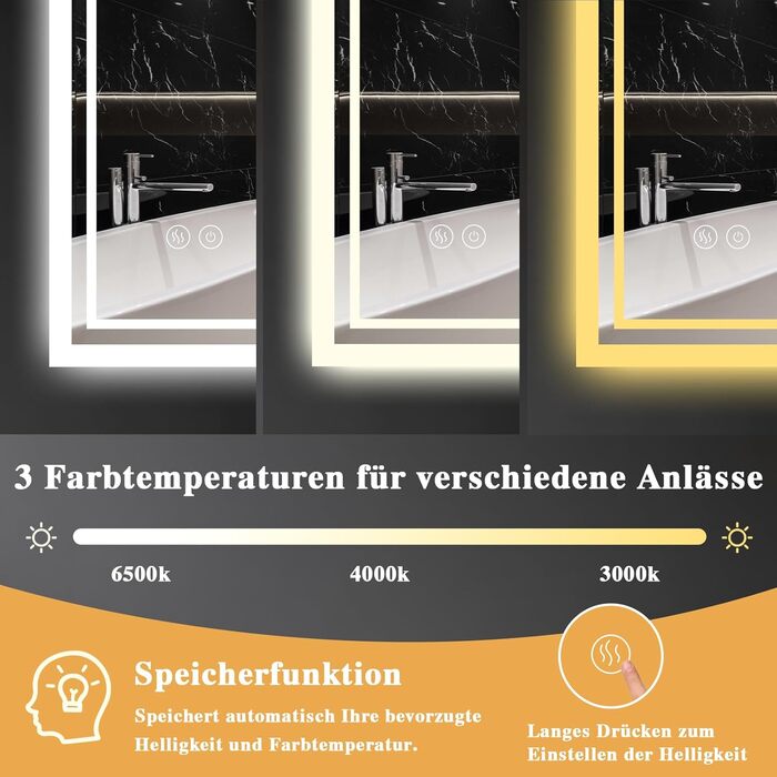 LED дзеркало для ванної кімнати з підсвічуванням 40 x 60 см – Antifog, 3 кольори, регулювання яскравості, подвійний сенсорний вимикач, пам'ять при відключенні електроенергії, монтаж на гачки, квадратна форма