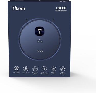 Робот-пилосос Tikom L9000 з функцією миття підлоги, LiDAR, 4000 Па, 150 хв, Wi-Fi, заборонені зони, для шерсті домашніх тварин, синій