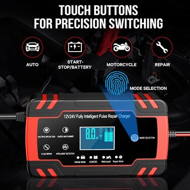 Зарядний пристрій для акумулятора 12V/24V 8A - Інтелектуальний зарядний пристрій для авто, мотоцикла, вантажівки та човна