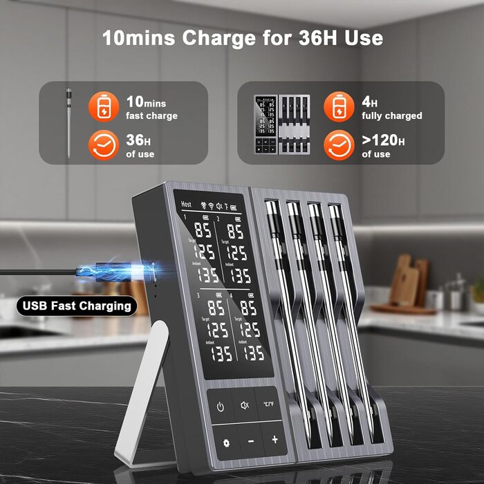 Цифровий термометр для м'яса – миттєвий термометр для гриля та продуктів харчування, бездротовий, ультратонкий зонд з двома датчиками 0,19 дюйма, Bluetooth 5.2, радіус дії 243,8 м, сповіщення через додаток, водонепроникний IP67 (набір з 4 зонди)