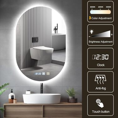 Круглий дзеркало для ванної кімнати з підсвічуванням, 60 см, протитуманне покриття, LED-дзеркало з сенсорним перемикачем, Bluetooth, 3000K-4000K-6500K, регульована яскравість, HD-загартоване скло, дзеркало для ванної кімнати з підсвічуванням (500x750 мм -