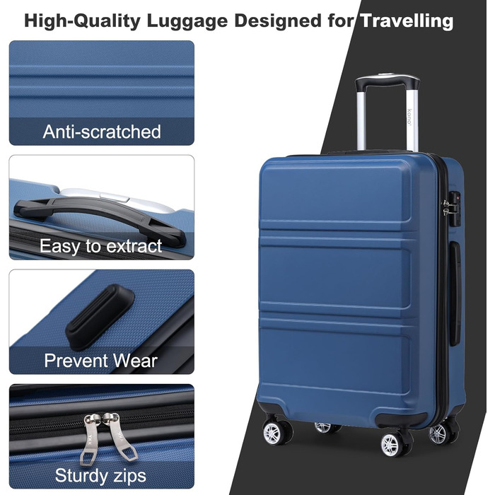 KONO Валіза середнього розміру 24 дюйми, ABS, з TSA-замком, 4 колеса, 65×44×25.5 см, темно-синій