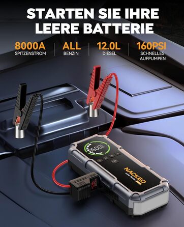 Powerbank Starthilfe 8000A з компресором 160PSI, 12V для авто, 20000mAh, LED-ліхтар, LCD-дисплей, сріблястий