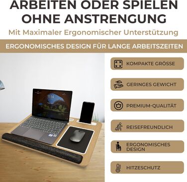 Підставка для ноутбука в ліжко та диван – з подушкою, тримачем для телефону та підкладкою для зап'ястя – підходить для ноутбуків до 17' – легка та комфортна для офісу, навчання та відпочинку (Сірий, Чорний)