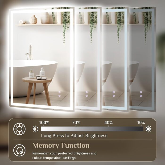 Дзеркало для ванної кімнати Clevich з підсвічуванням 80x60 см, LED, 3 кольори світла, регулювання яскравості, захист від вибуху, сенсорне управління, функція пам'яті, антизапар, 80L x 60B см
