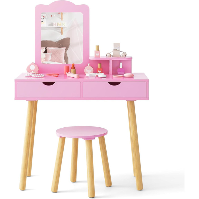 Детский туалетный столик Dreamade с табуретом и съемным зеркалом, принцесс-стиль, с ящиком, из дерева, для девочек (белый/розовый)