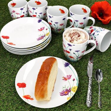 Набір посуду MamboCat Marie (12 предметів) для 6 осіб | Фарфоровий посуд з квітковим декором | 6 тарілок та 6 чашок 320 мл | Для сніданку та кави