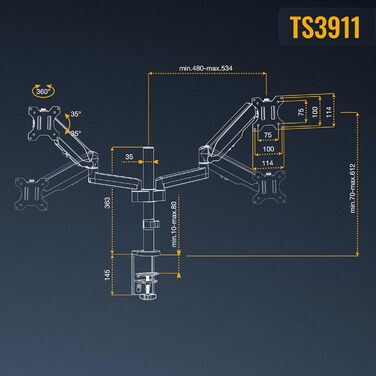 Підставка для монітора RICOO TS3911 для 2 моніторів, газ-амортизатор, VESA 75x75/100x100, 17-32 дюйми