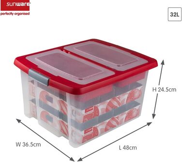 Ялинкова коробка SUNWARE Nesta 32 л з лотками для 32 іграшок (Ø70-80 мм) - прозора/червона