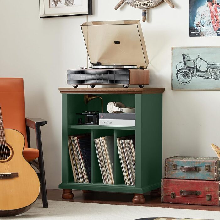 Стійка для програвача LELELINKY, полиця для платівок, місце для 200 платівок, дерев'яний стіл для програвача, полиця для платівок у вітальню, спальню, офіс (зелений)