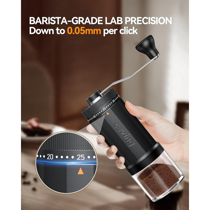 Ручна кавомолка MEGA PRO: кавомоля для еспресо, френч-пресу, подорожей. CNC жернова, 40 налаштувань, 30г