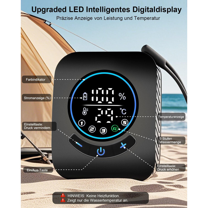 Портативна душ для кемпінгу AUTOPkio з акумулятором 8000mAh, насосом та дисплеєм, IPX8, чорний