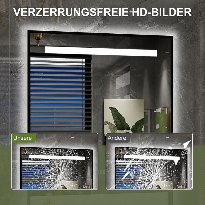 Дзеркало для ванної кімнати YU YUSING 80x60 см з підсвічуванням LED, 3 кольори світла, регулювання яскравості, антизапарник, сенсорне управління, таймер, загартоване скло, IP44 (чорний з полицею)