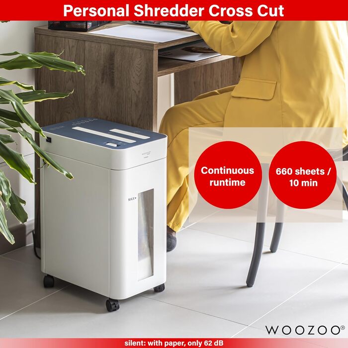 Шредер для документів Woozoo P8GCD, 8 листів, дерев'яний, перехресний ніж, кошик 8.9L, A4
