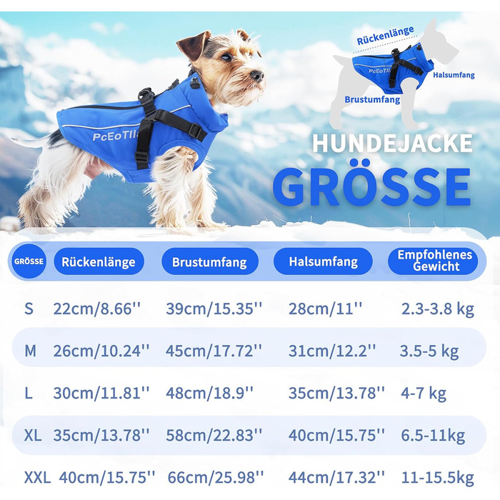 Водонепроникна куртка для собак PcEoTllar зі шлейкою, світловідбиваюча, вітрозахисна, Blue-S S (2,3-3,8 кг)