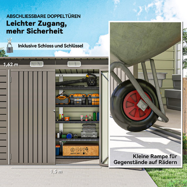 Металевий сарай для інструментів, подвійні двері, 249 x 121 x 166/183 см, світло-сірий