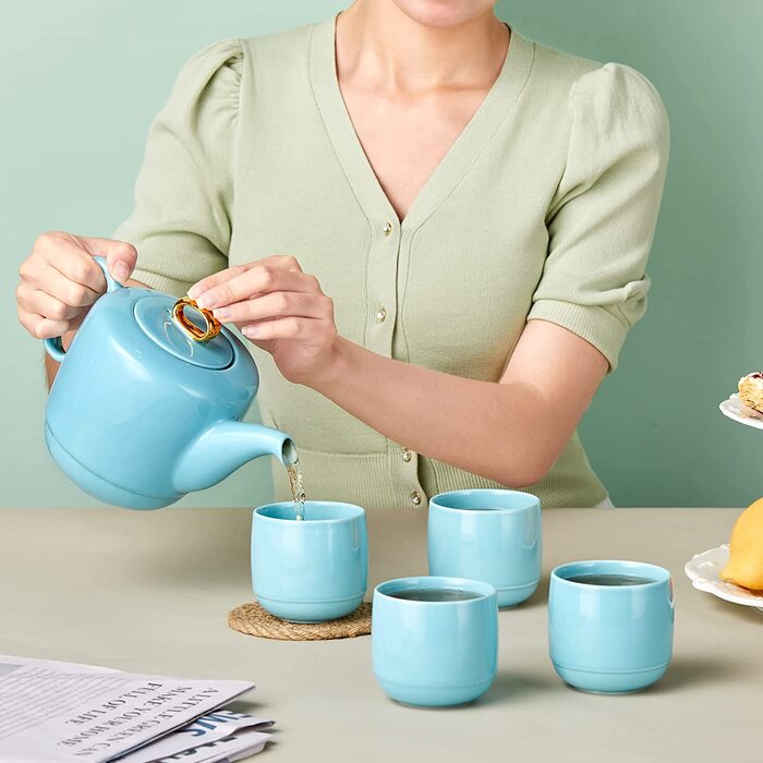 Порцеляновий чайник з ситовою вставкою, керамічний чайний сервіз з спіральною ручкою для розсипного чаю, 1000 мл розкішний чорний гладкий керамічний чайник із золотим оздобленням для подарунків (08-синій чайник / 4 чашки)