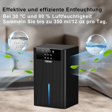 Електричний осушувач повітря Tipkook 2400 мл з автоматичним розморожуванням, 10 кольорів підсвічування, таймер 8/12/24 год, 35 дБ, портативний для ванної, спальні, кухні, шафи (новий, чорний)