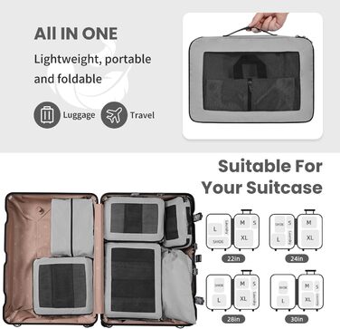 Набір компресійних органайзерів для подорожей з сіткою, розширювані пакувальні куби для одягу в валізу, сірі, 6 предметів