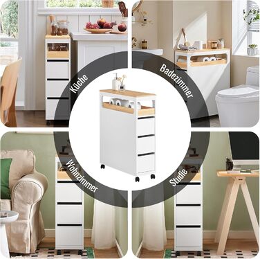 Шафка для ванної кімнати SoBuy з колесами, вузька шафка з 3 висувними ящиками, компактна тумбочка з дерева, навісна шафка для маленьких ванних кімнат, туалетів та кухонь, біла, 65x23x82 см, BZR54-W