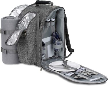 Рюкзак для пікніка на 2 особи BruBaker сірий, 28x40x22 см з термокишенею, ізольованим утримувачем для пляшок та флісовою ковдрою з водонепроникним дном