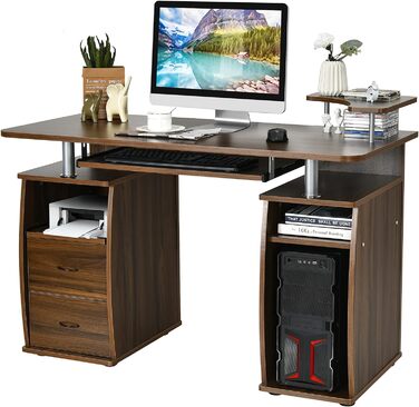Комп'ютерний стіл COSTWAY з висувними ящиками, фокусер клавіатури, лоток для принтера та підставка для процесора, стіл із зберіганням, офісний стіл, робочий стіл, стіл для ПК для офісу, дому, 120 x 55 x 76 см (коричневий)