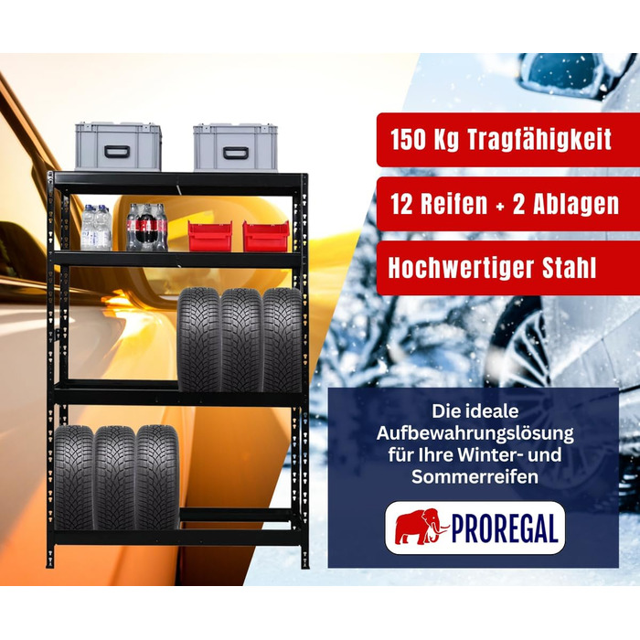 Стелаж для шин PROREGAL Tiger XL: 200x180x45 см, 300 кг навантаження, до 205/55 R16, для майстерні, складу, підвалу (12 шин + 2 полиці, чорний)
