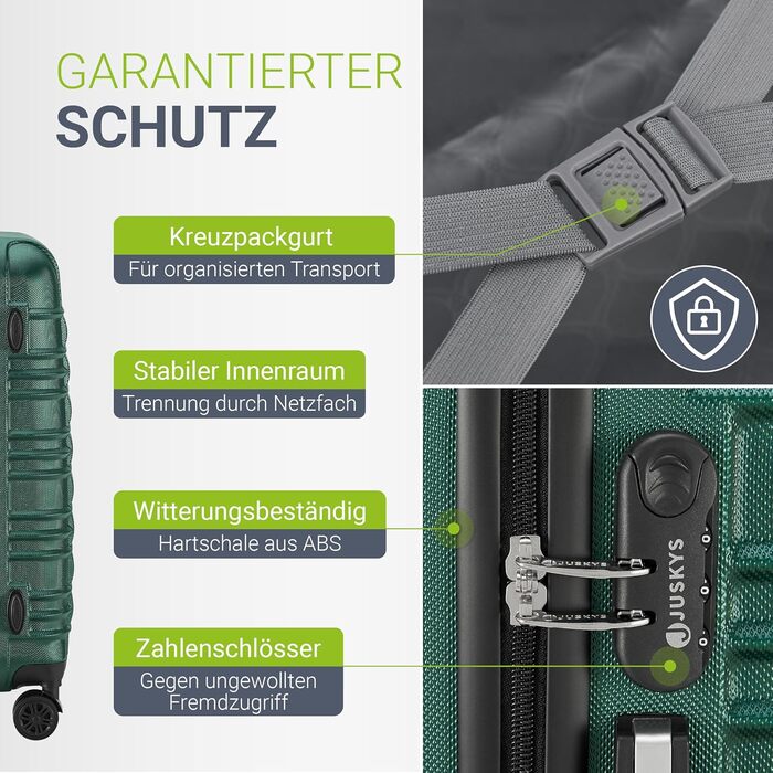 Набір валіз Juskys Hartschale 3 в 1 - зелений колір, захисний корпус, кодований замок, тихі колеса, телескопічна ручка