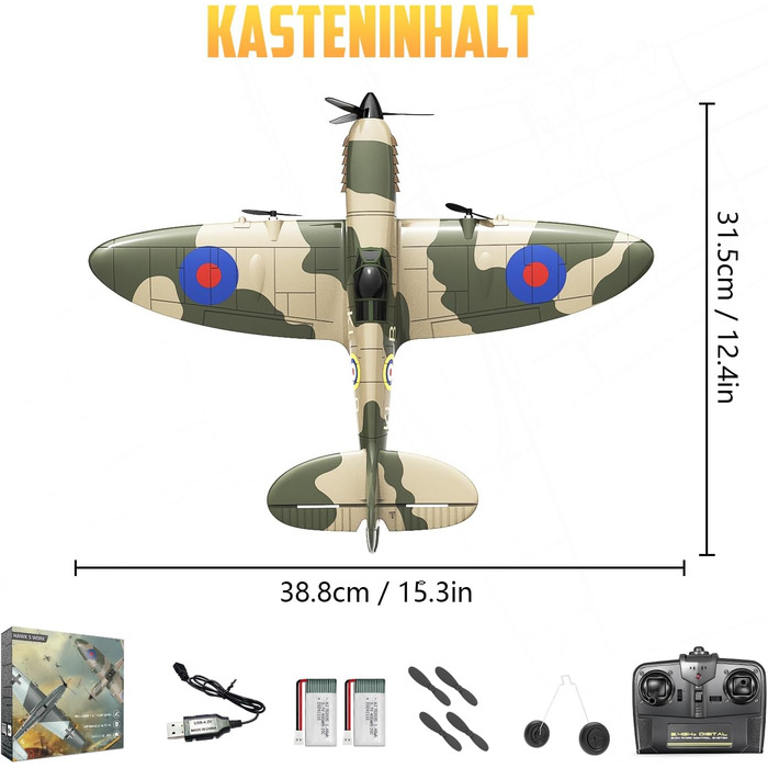 RC літак Hawk's Work Spitfire 2.4GHz - радіокерований винищувач для дітей та початківців, готовий до польоту, 6-осьовий гіростабілізатор