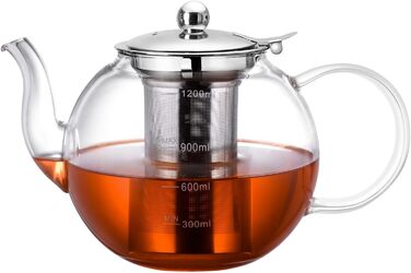 Чайник, Zpose 1200 мл з ситечком Термостійкий фільтр для насіння з нержавіючої сталі Ситечко для чаю, чайник з боросилікатного скла з кришкою для чайних квітів, розсипний чай і чайні пакетики (1200 мл-круглий)