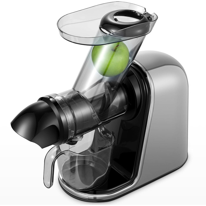 Електричний соковитискач AOBOSI Slow Juicer з 2 швидкостями, для овочів та фруктів, з 8-ступеневою спіраллю, щіткою для очищення та 2 чашами, функція реверсу, сірий
